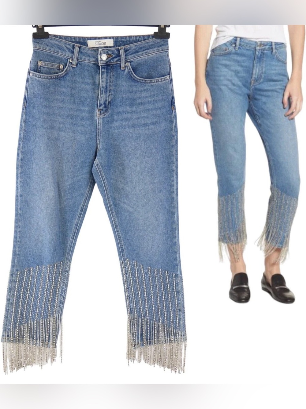 Topshop Embellished Fringe Hem Light Blue Women’s Straight Jeans 30